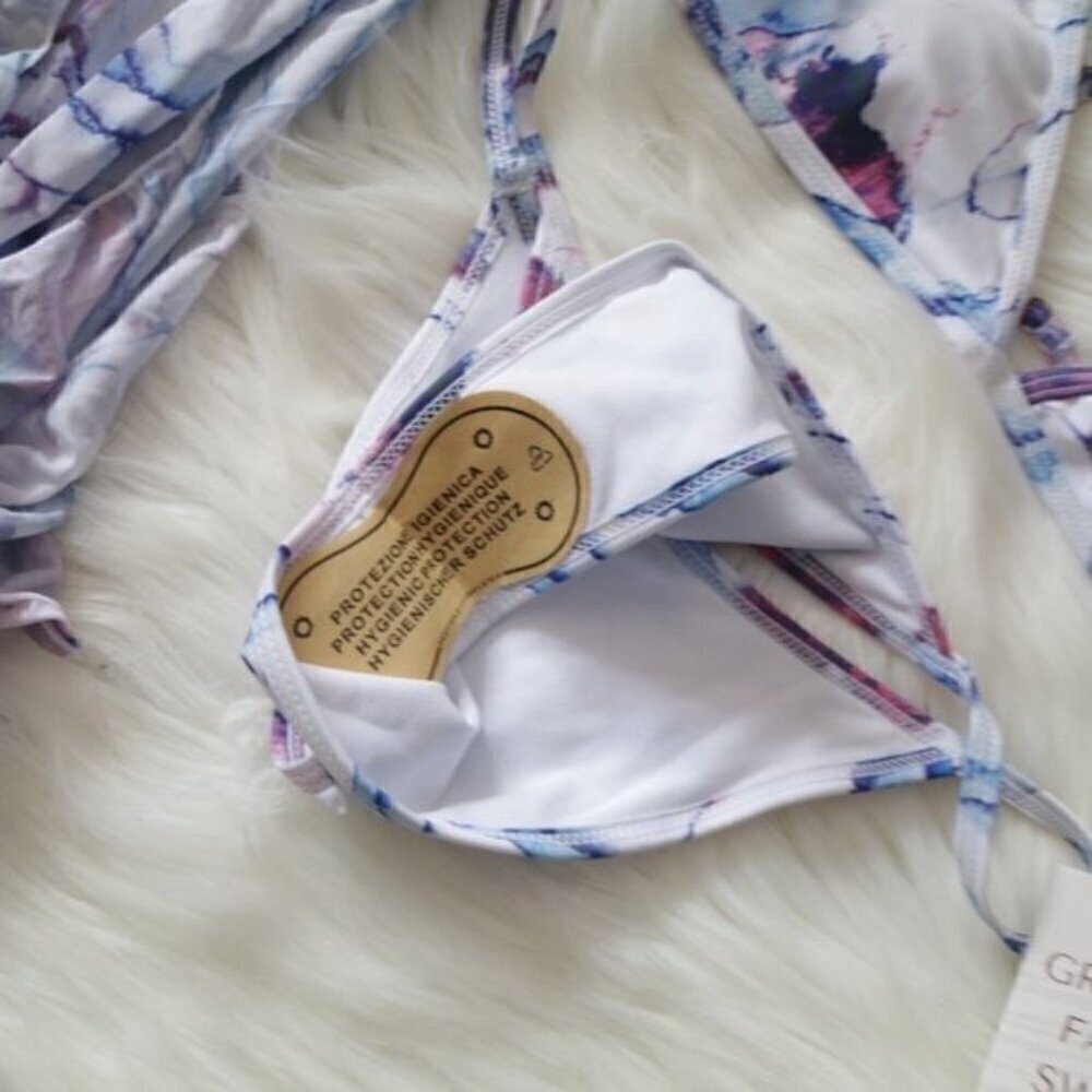 NEW Blue White Purple 3 Piece Marble Watercolor Sexy Bikini Set Size Large - Picture 4 of 7